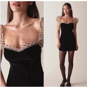 Camila Coelho Black Mini Dress with Sheer Polka Dot Puff Sleeves